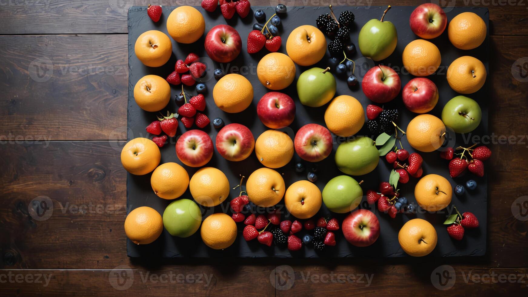 fruit on a brown table, design background object on the table, random fruit frame border photo