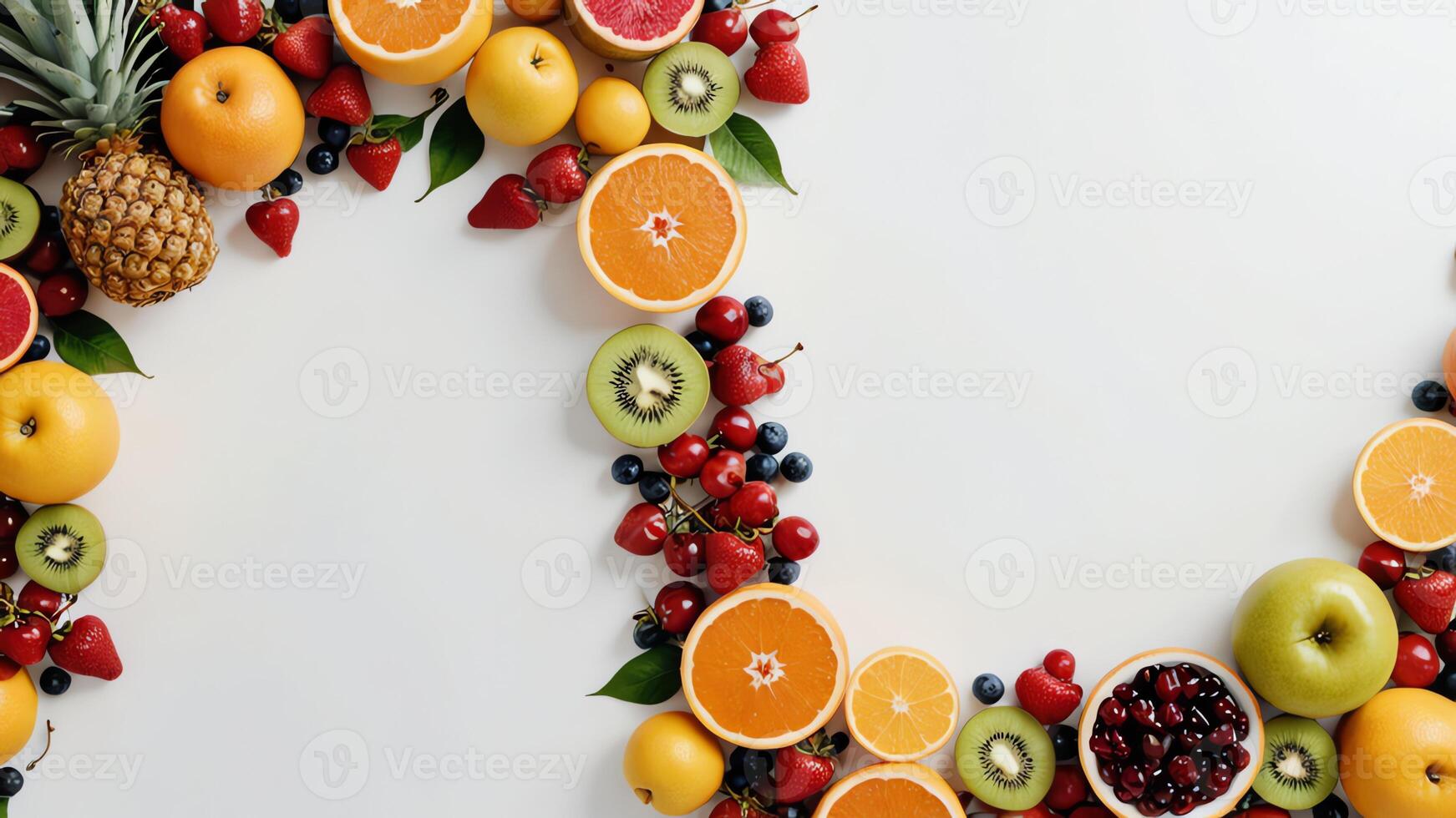 fruit on a white table, design background object on the table, random fruit frame border photo