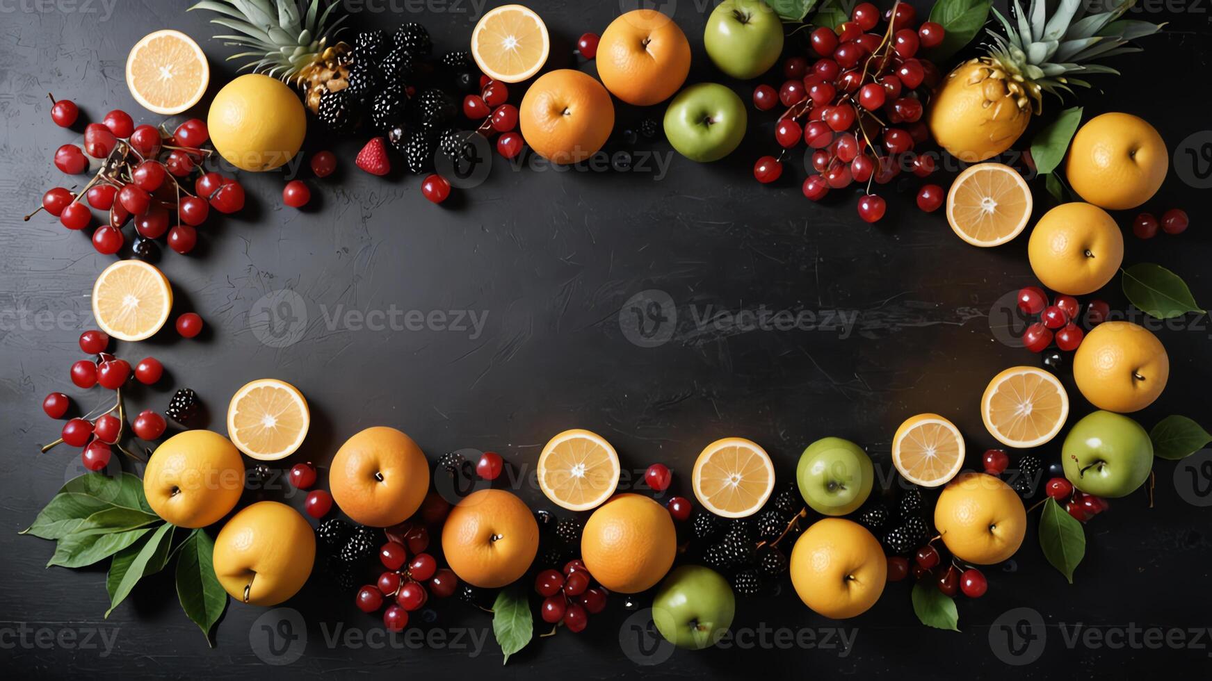 fruit on a black table, design background object on the table, random fruit frame border photo