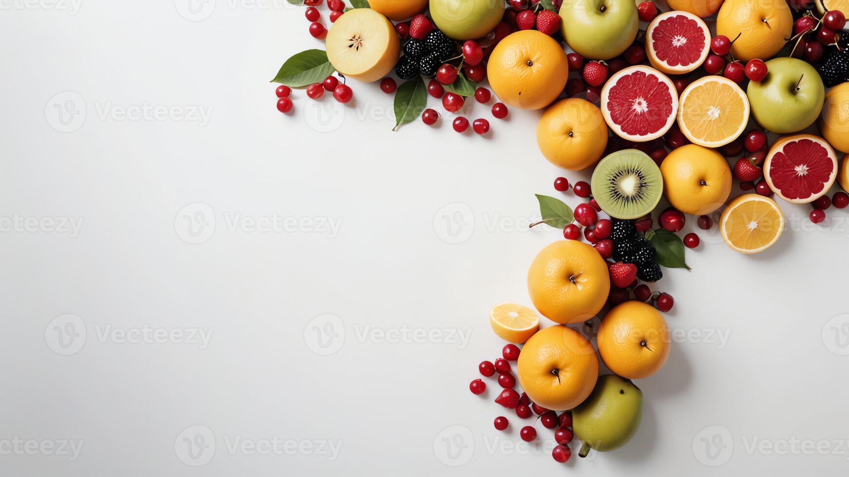 fruit on a white table, design background object on the table, random fruit frame border photo