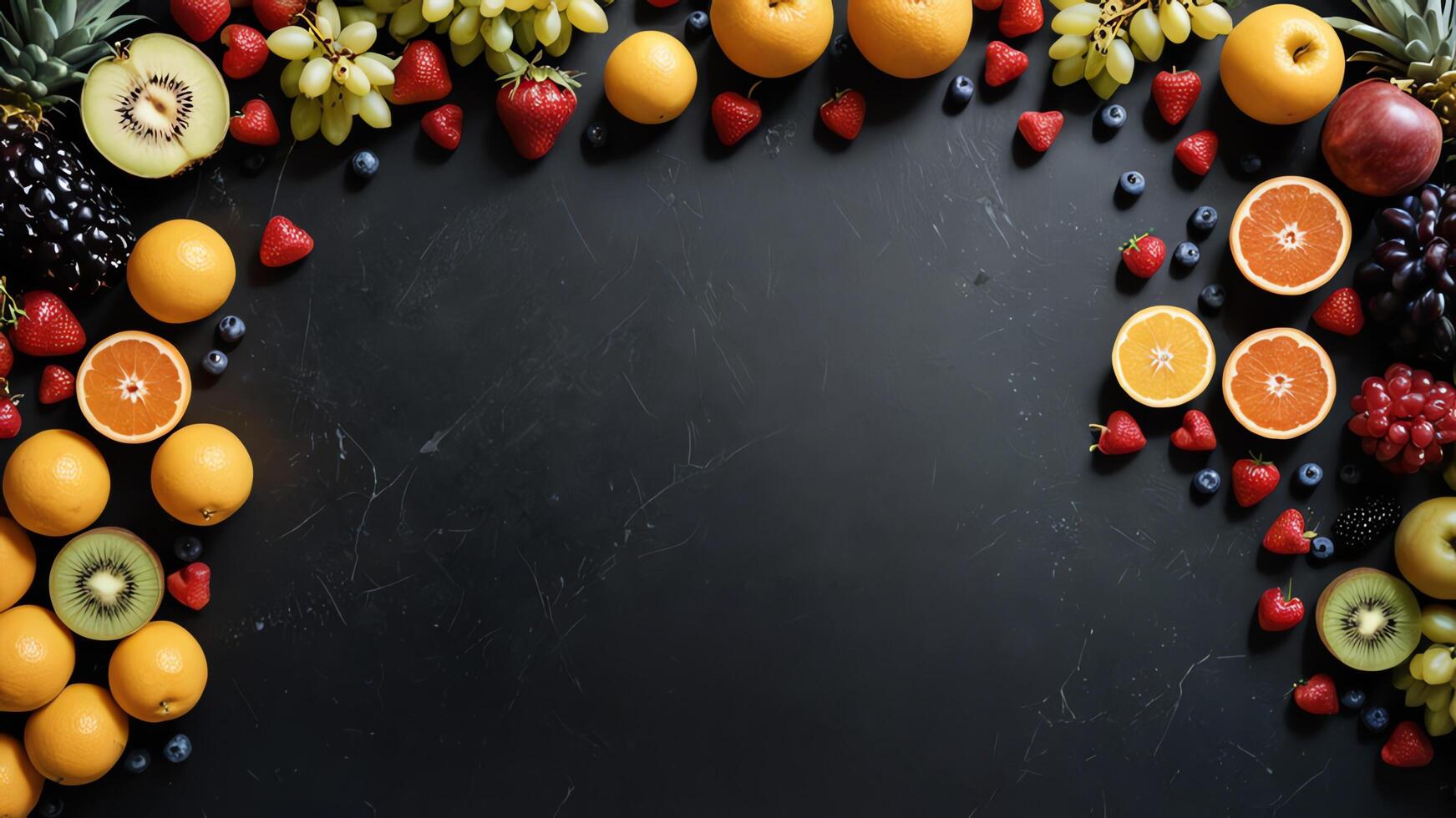 fruit on a black table, design background object on the table, random fruit frame border photo