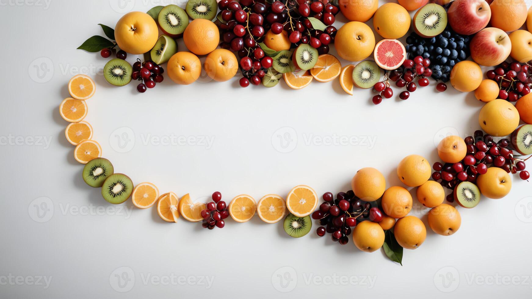 fruit on a white table, design background object on the table, random fruit frame border photo