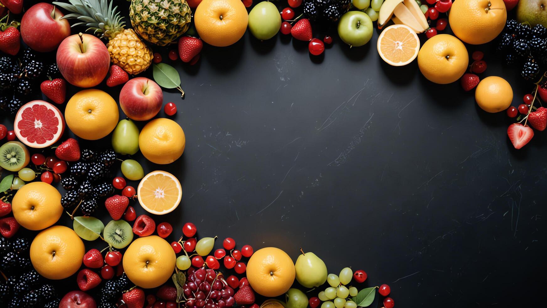 fruit on a black table, design background object on the table, random fruit frame border photo