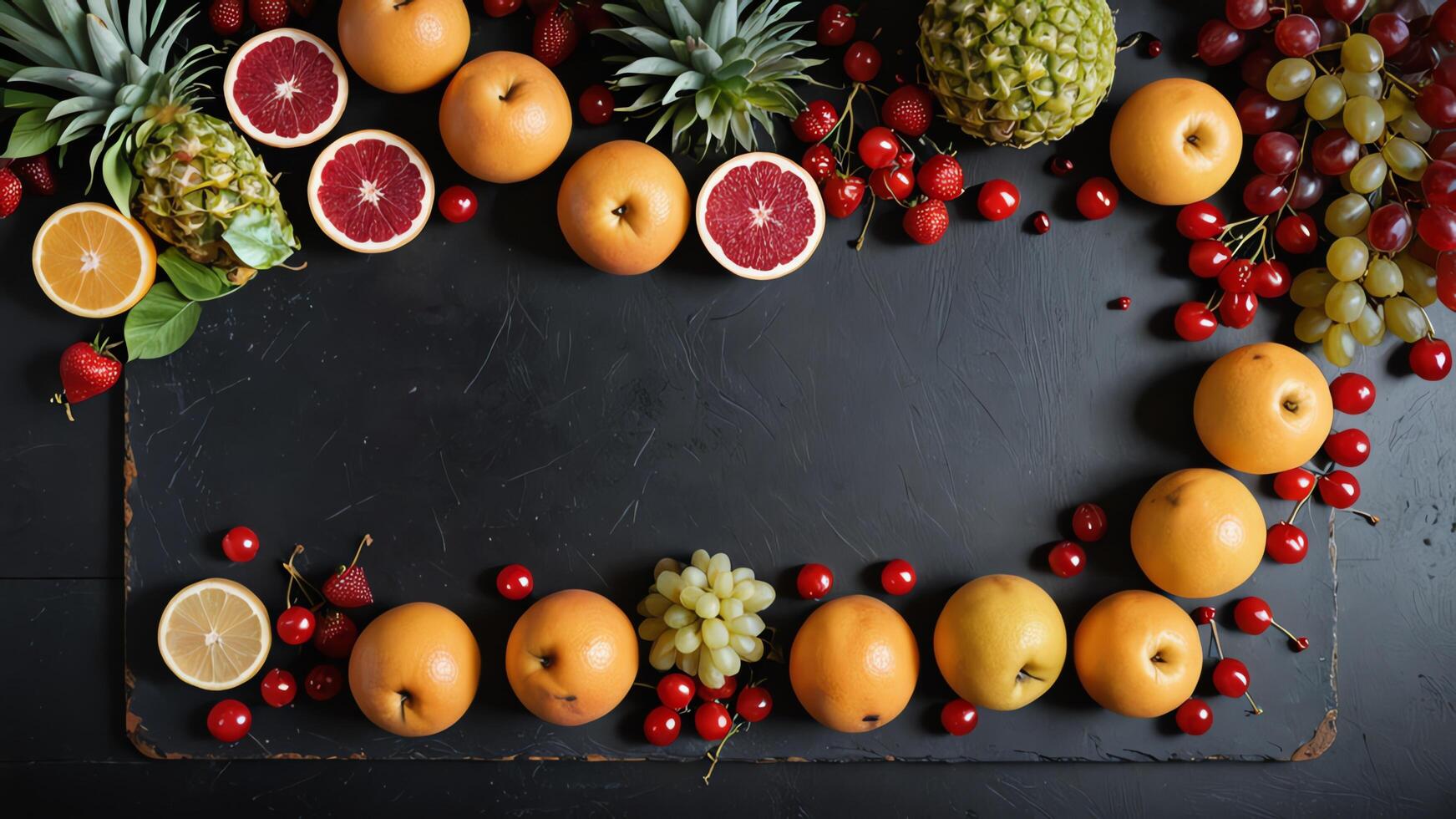 fruit on a black table, design background object on the table, random fruit frame border photo