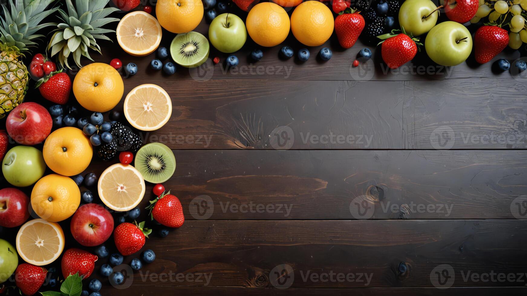 fruit on a brown table, design background object on the table, random fruit frame border photo