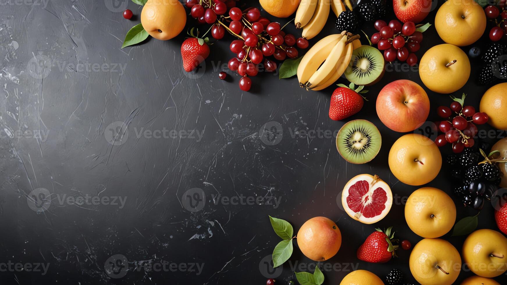 fruit on a black table, design background object on the table, random fruit frame border photo
