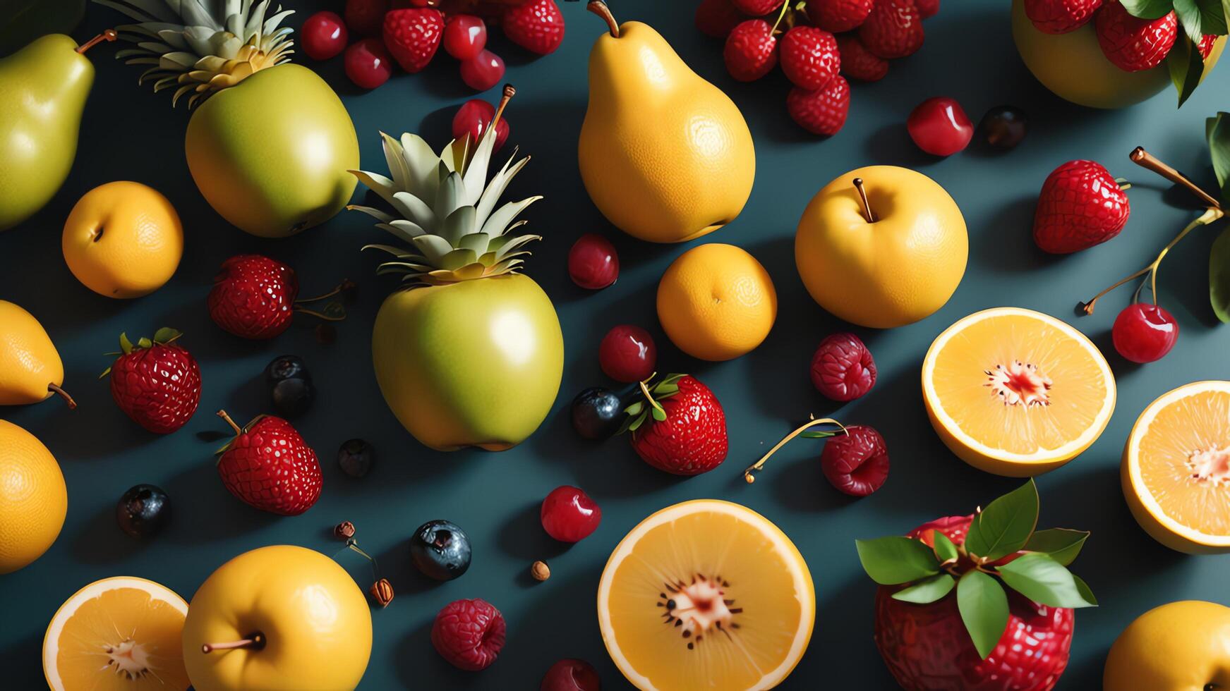 fruit on a blue table, design background object on the table, random fruit frame border photo