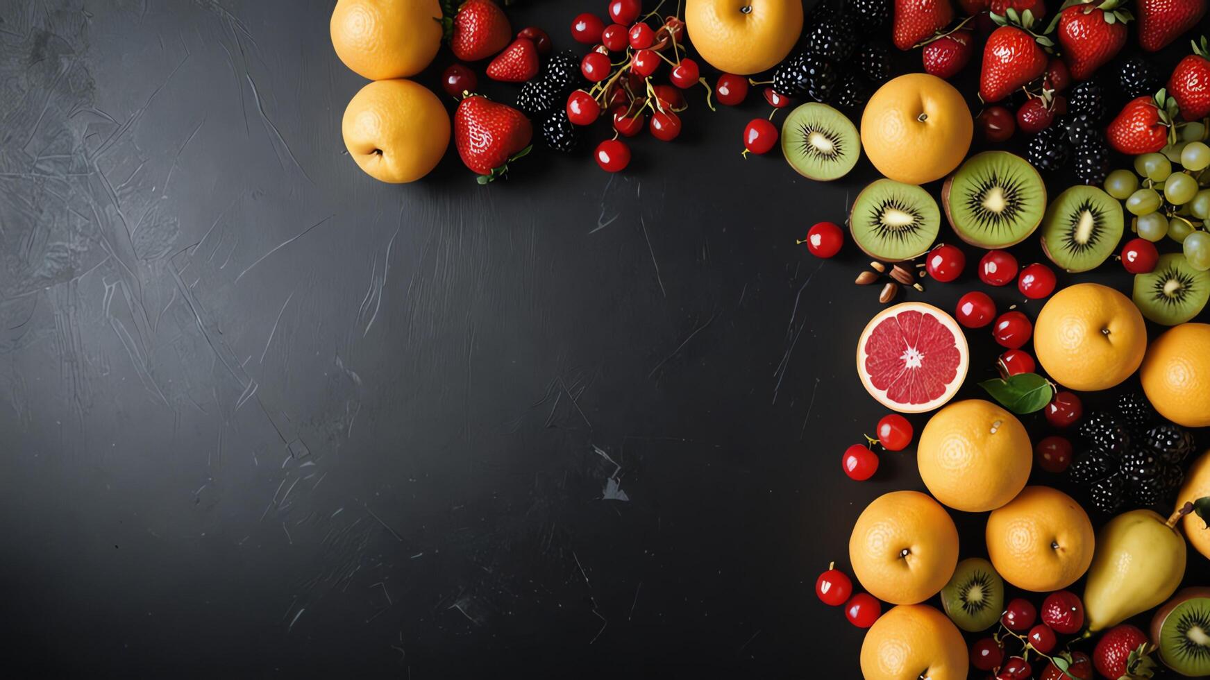 fruit on a black table, design background object on the table, random fruit frame border photo