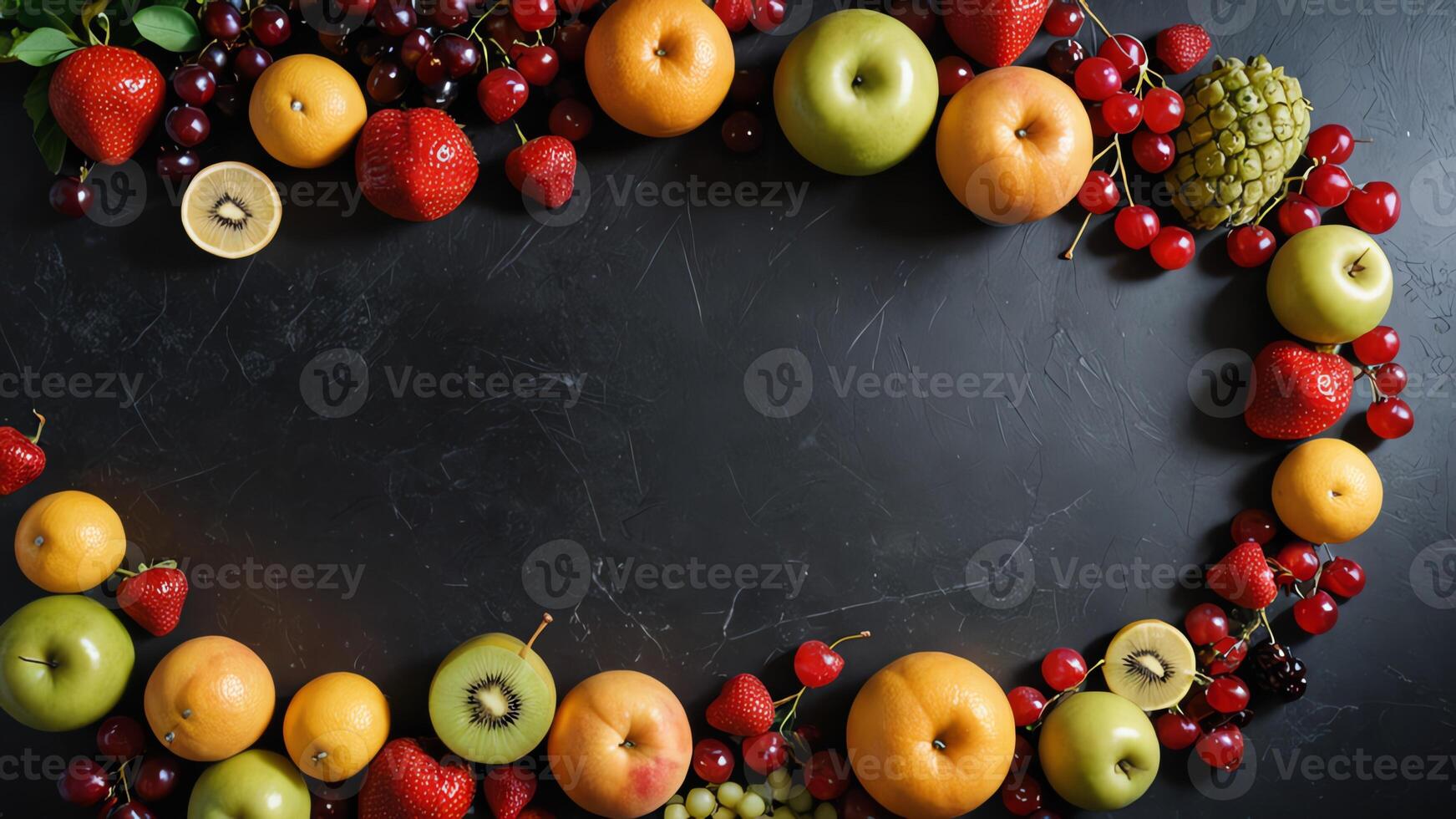 fruit on a black table, design background object on the table, random fruit frame border photo