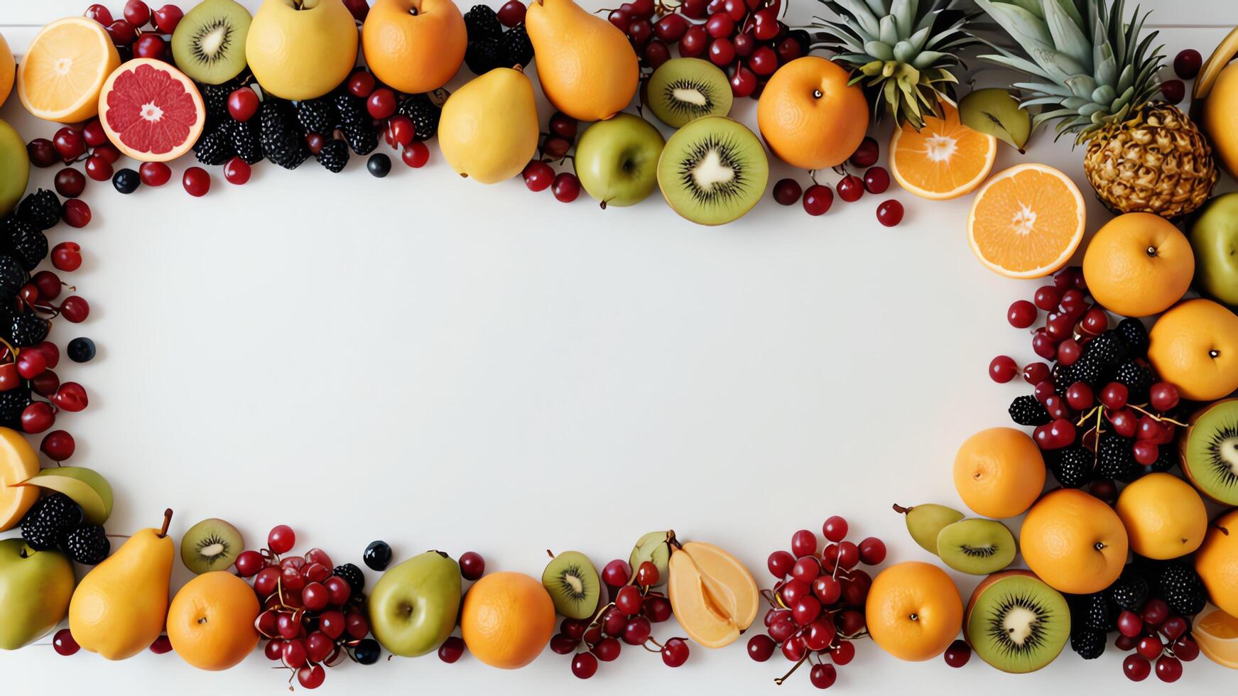 fruit on a white table, design background object on the table, random fruit frame border photo