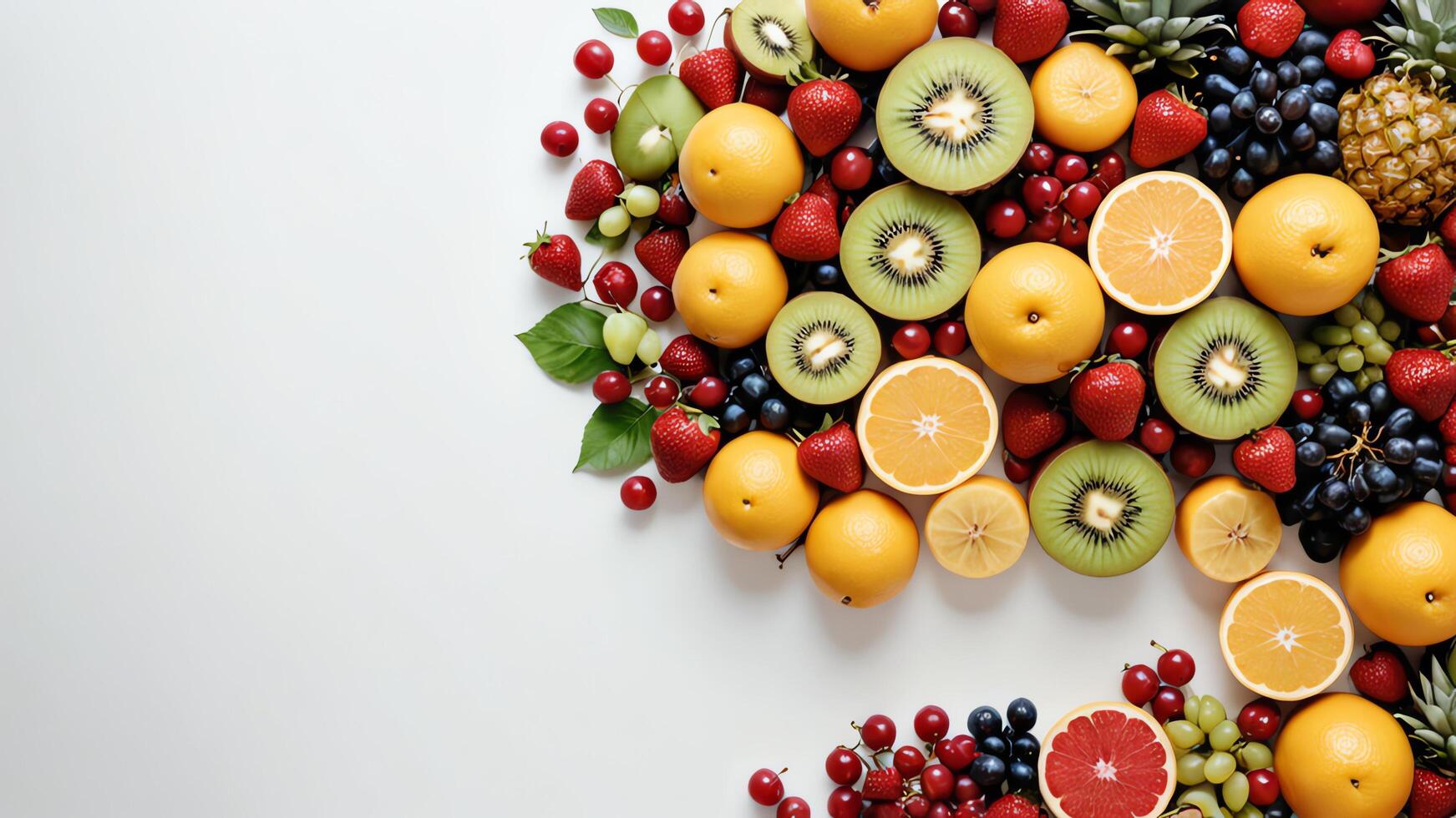 fruit on a white table, design background object on the table, random fruit frame border photo
