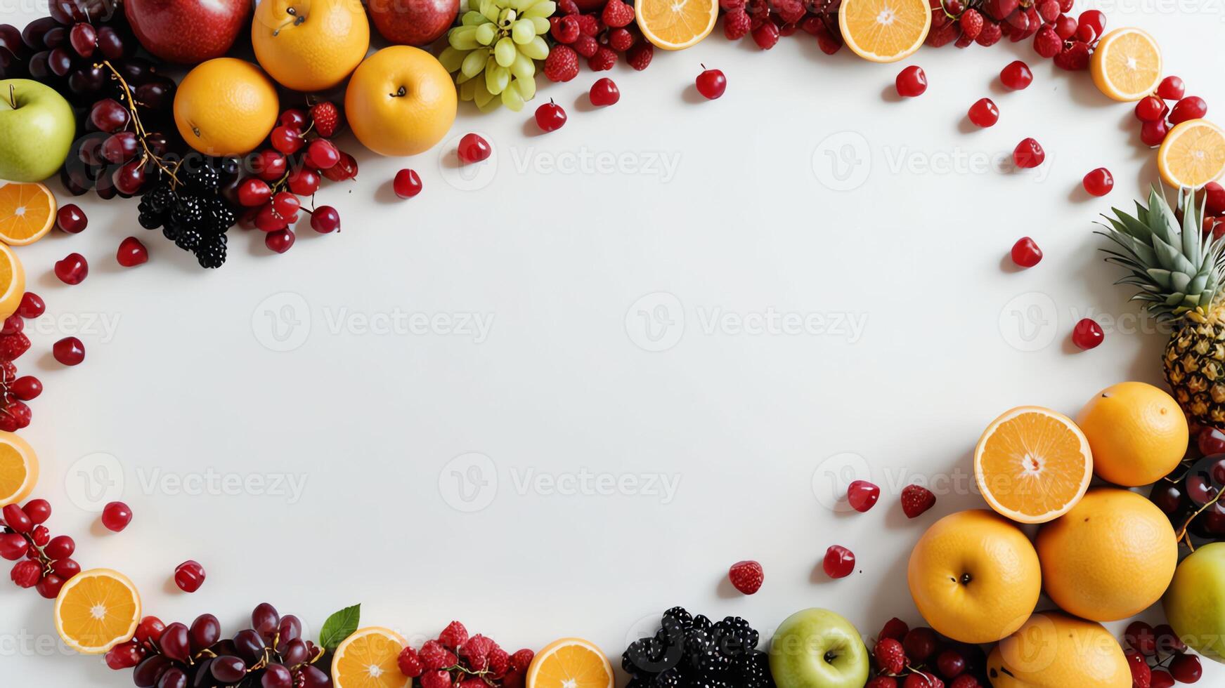 fruit on a white table, design background object on the table, random fruit frame border photo