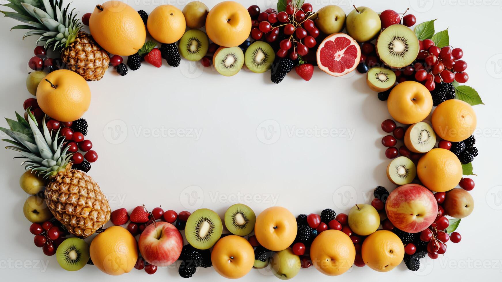 fruit on a white table, design background object on the table, random fruit frame border photo