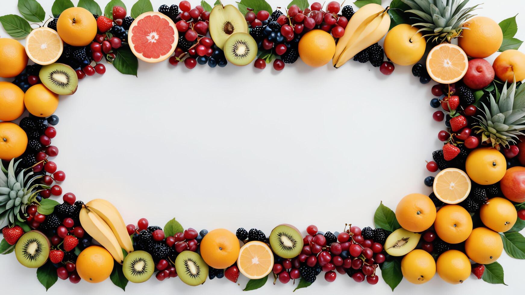 fruit on a white table, design background object on the table, random fruit frame border photo