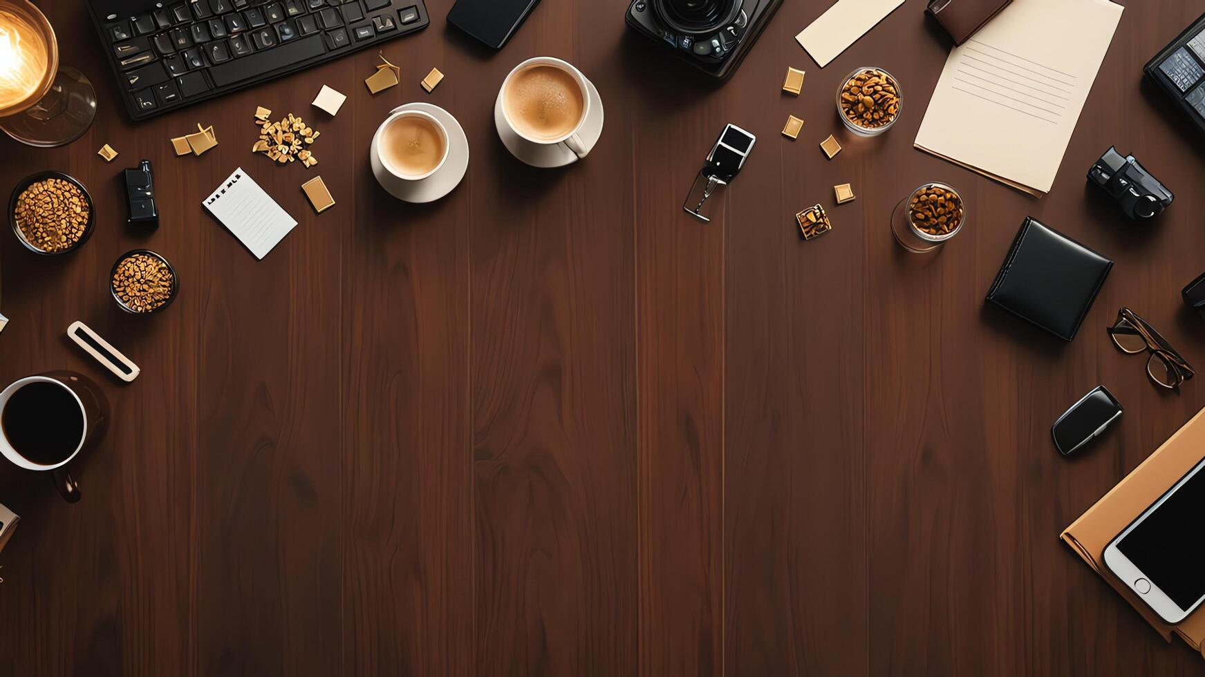 items on brown table, background design of random objects on table photo