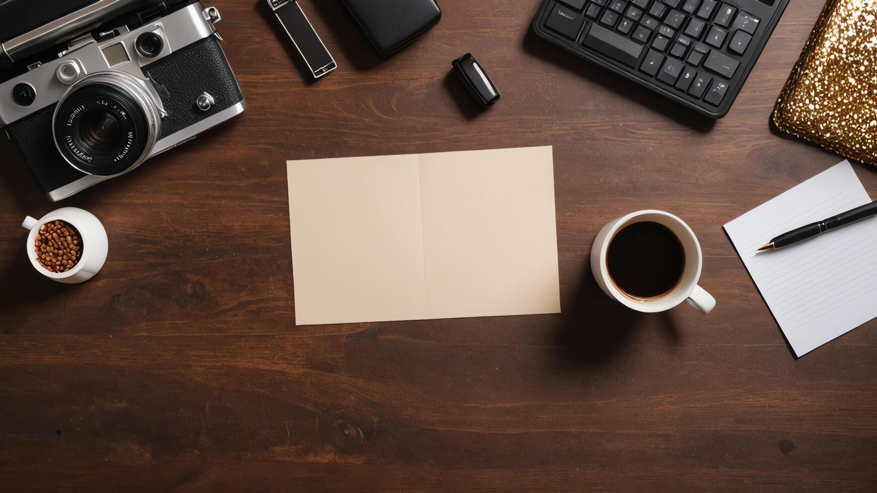 items on brown table, background design of random objects on table photo