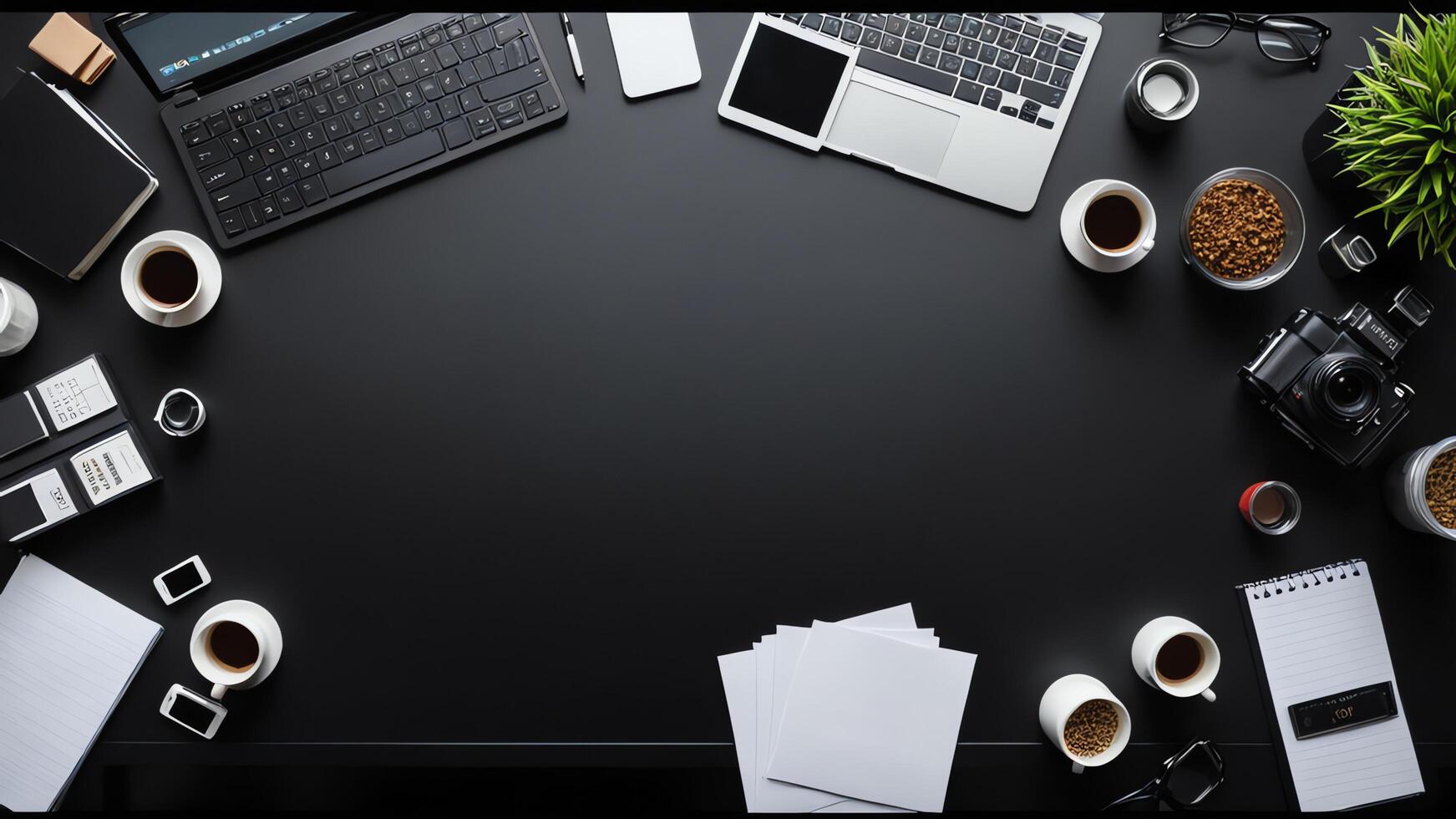 items on black table, background design of random objects on table photo