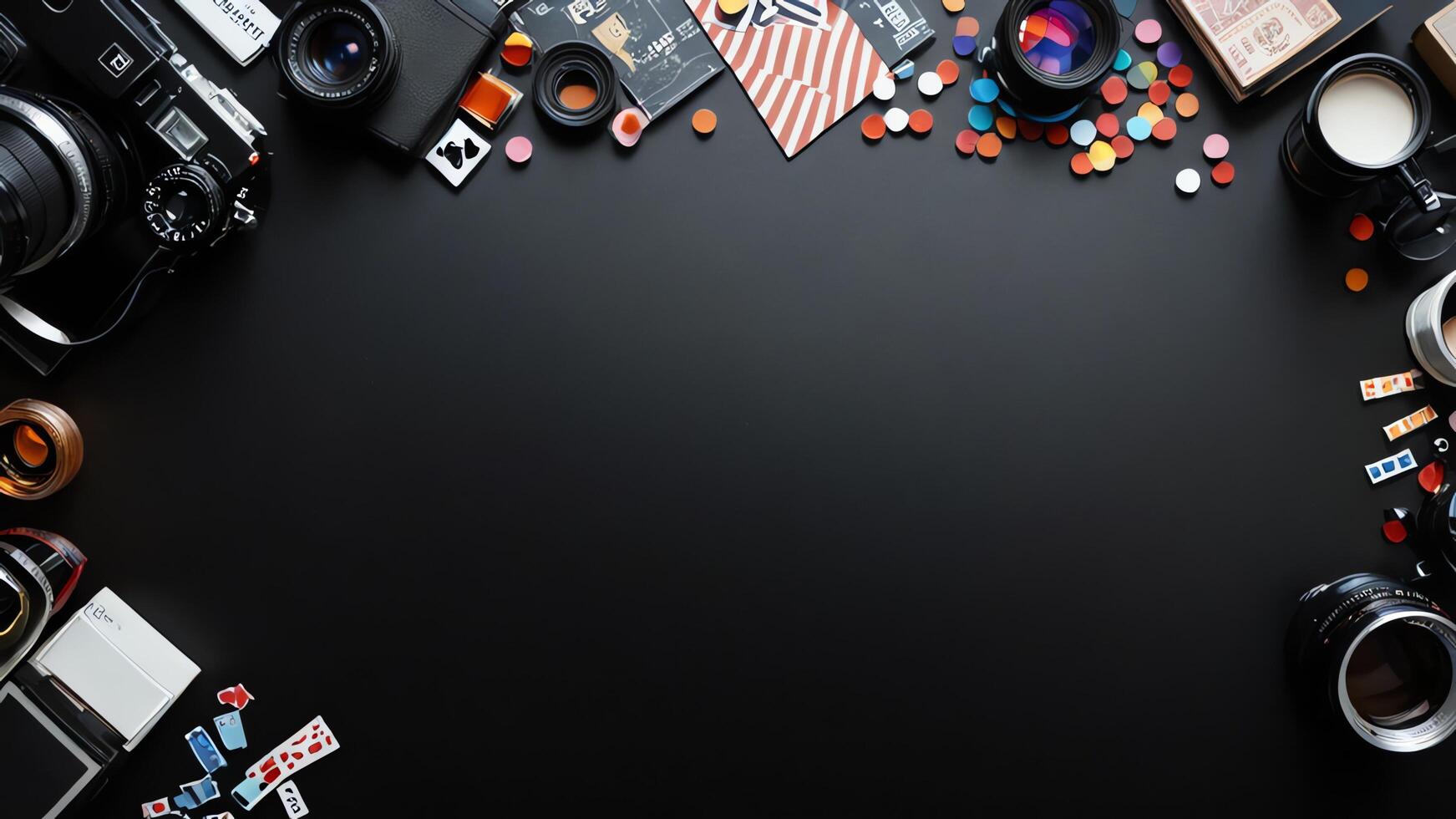 items on black table, background design of random objects on table photo