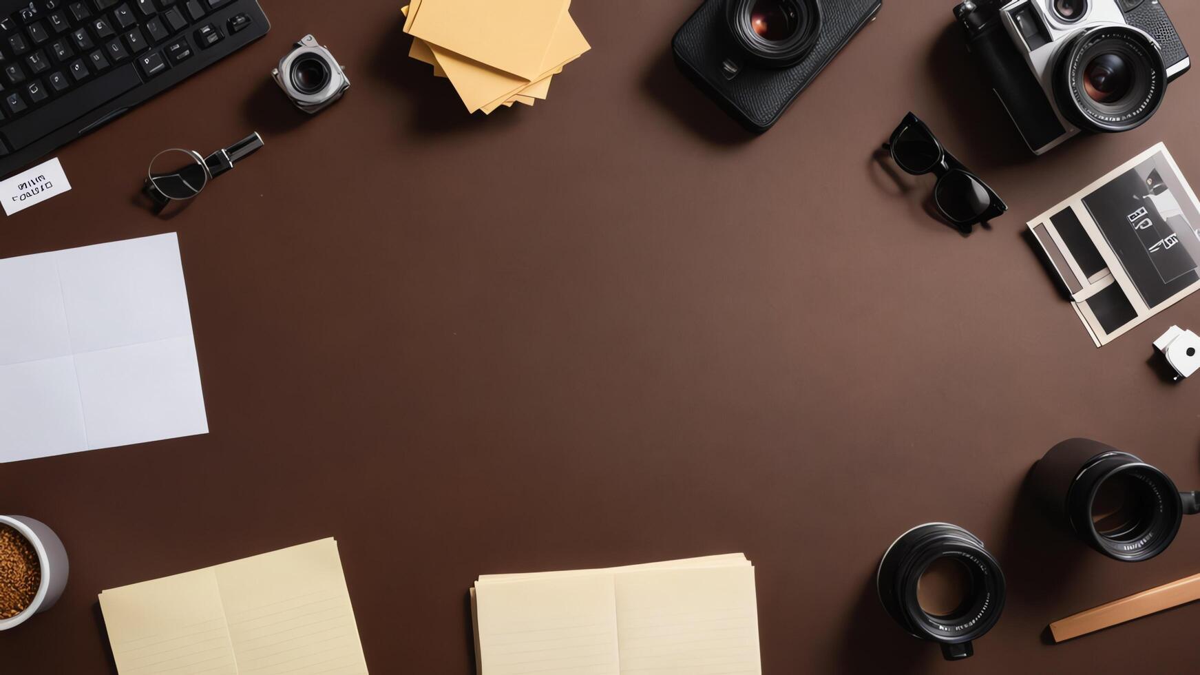 items on brown table, background design of random objects on table photo