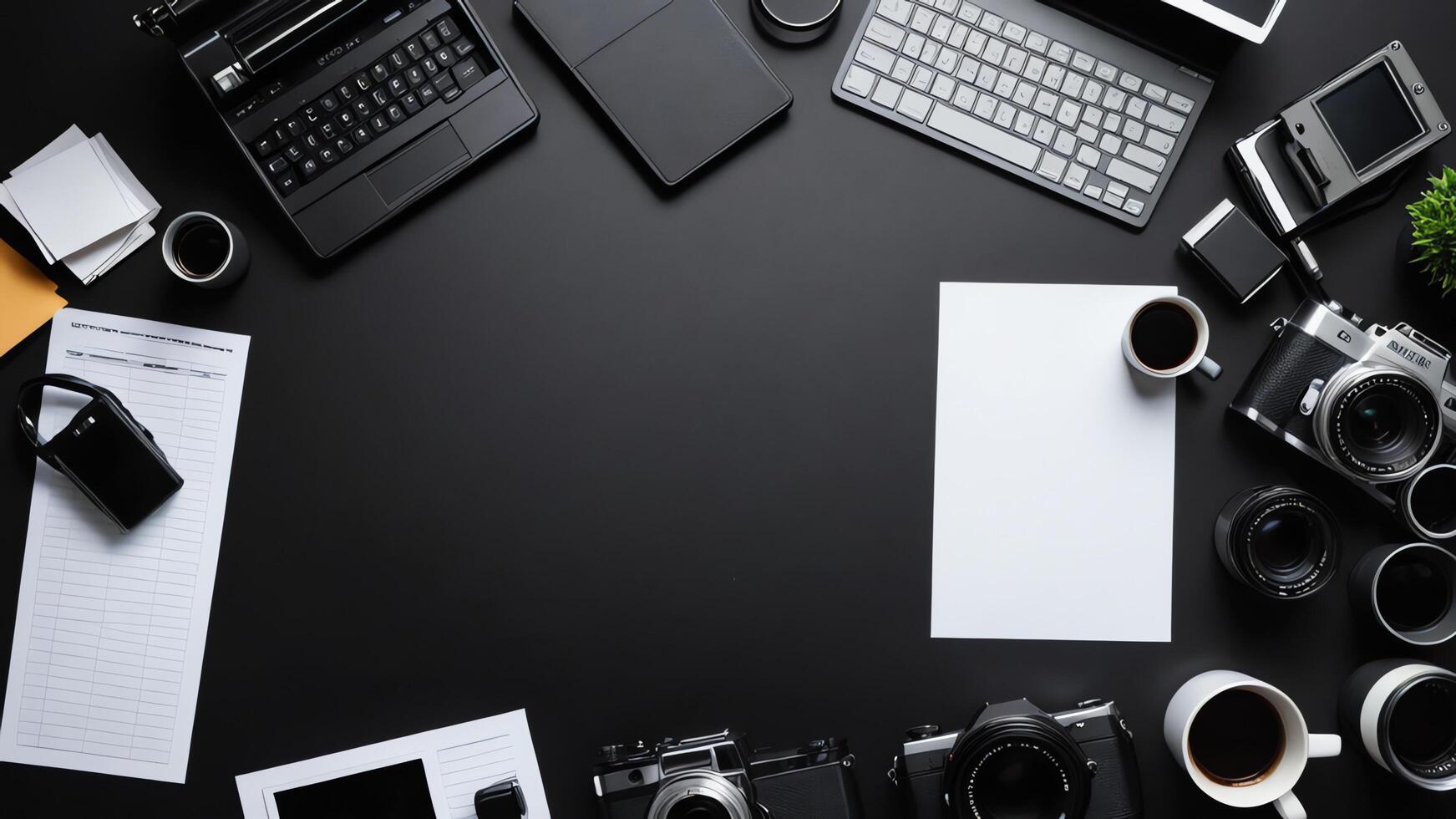 items on black table, background design of random objects on table photo