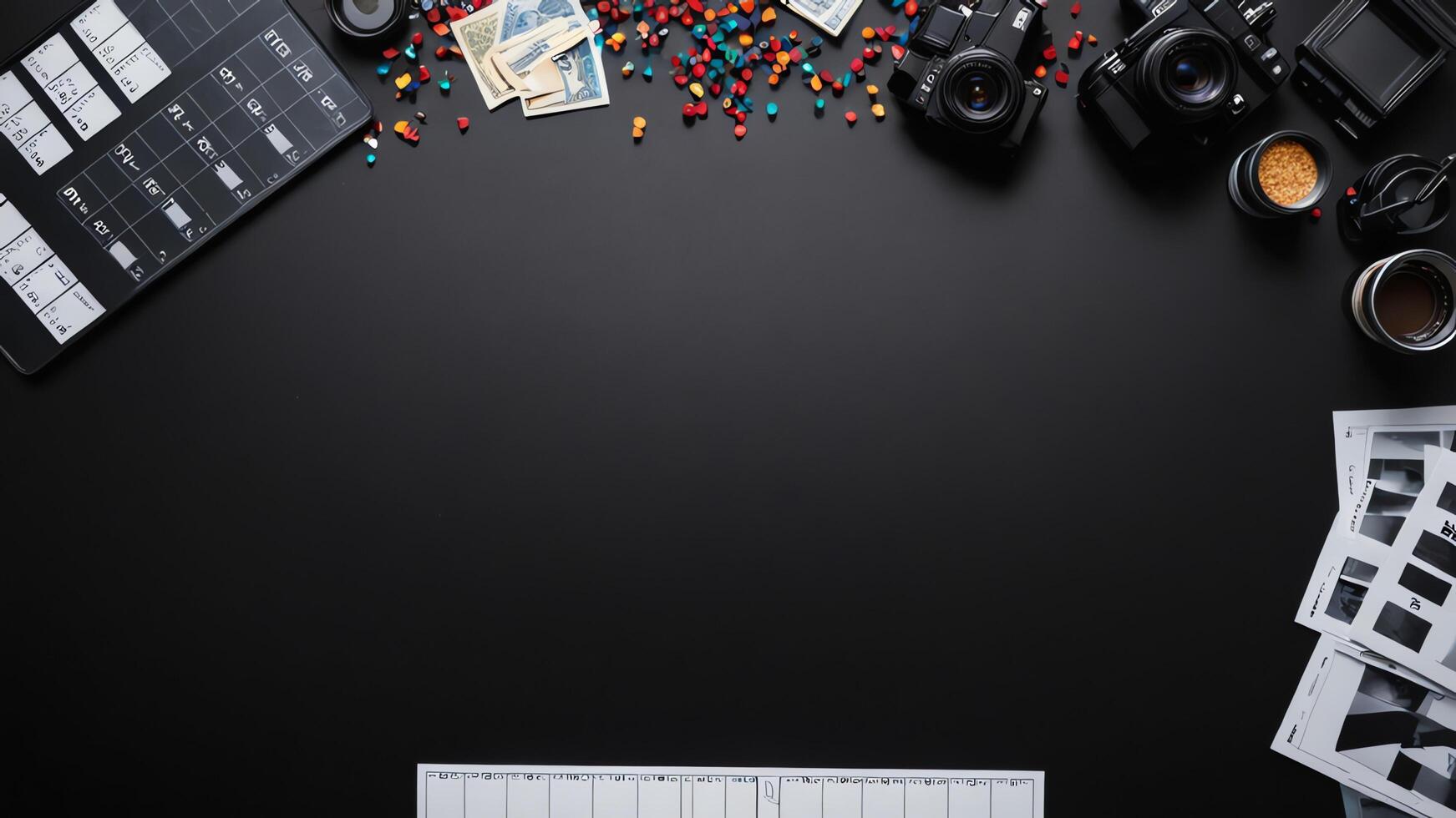 items on black table, background design of random objects on table photo
