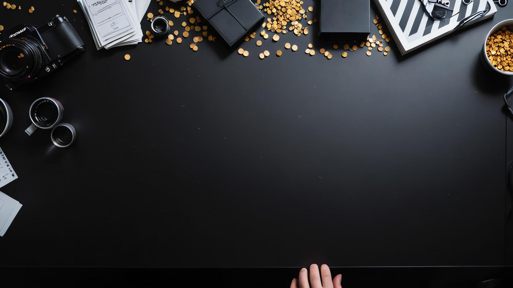items on black table, background design of random objects on table photo
