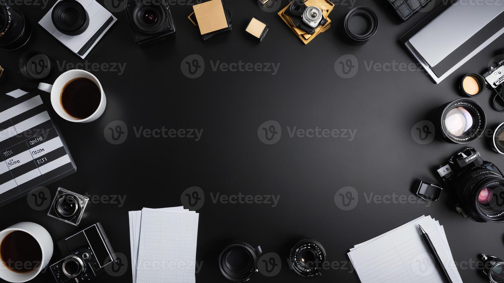 items on black table, background design of random objects on table photo