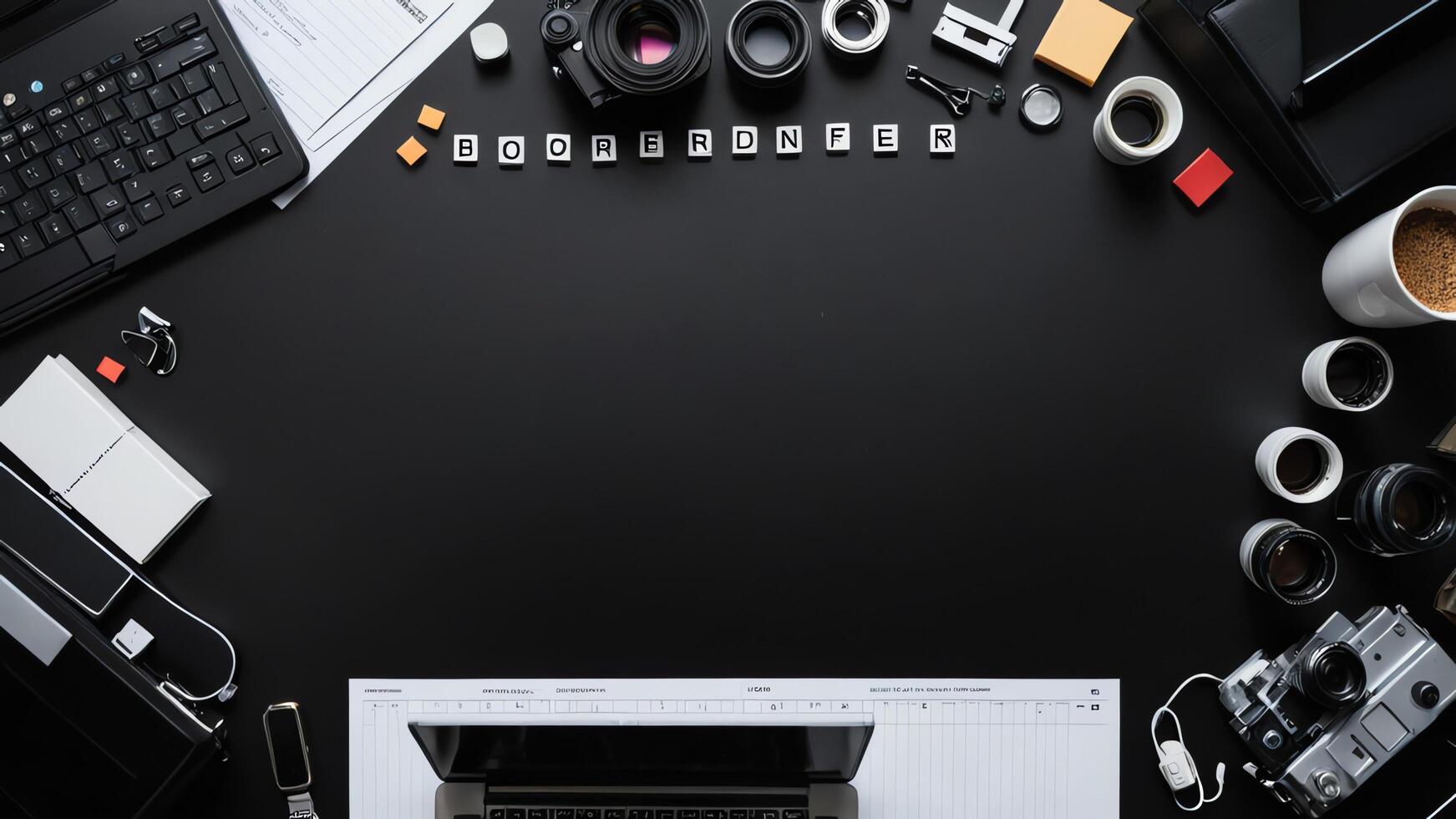 items on black table, background design of random objects on table photo