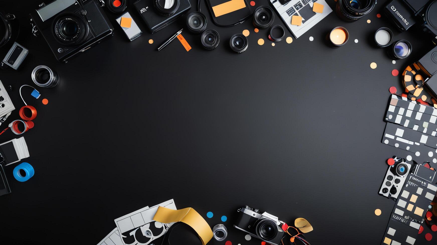 items on black table, background design of random objects on table photo