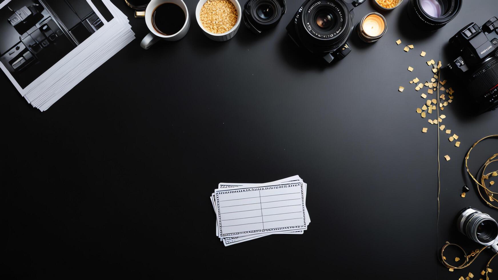 items on black table, background design of random objects on table photo