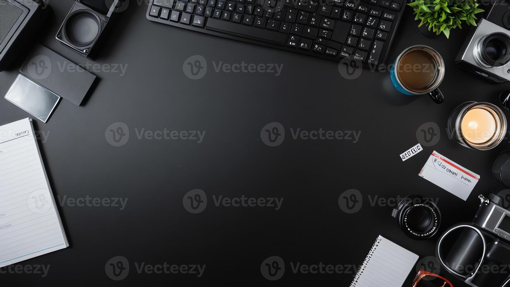 items on black table, background design of random objects on table photo