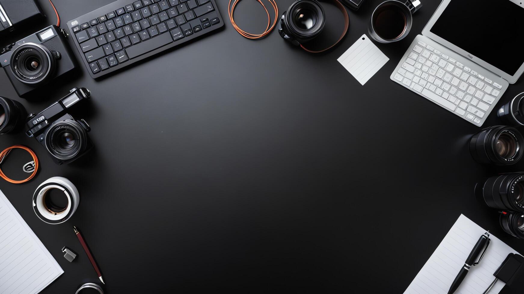 items on black table, background design of random objects on table photo