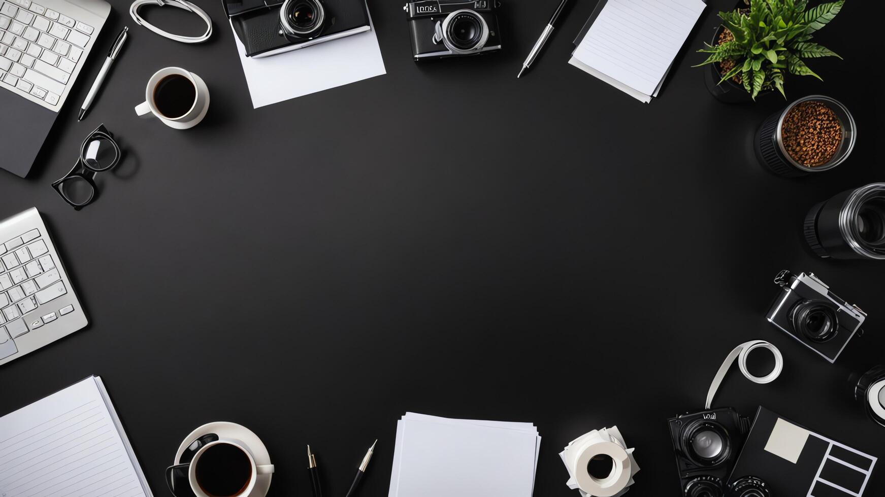 items on black table, background design of random objects on table photo