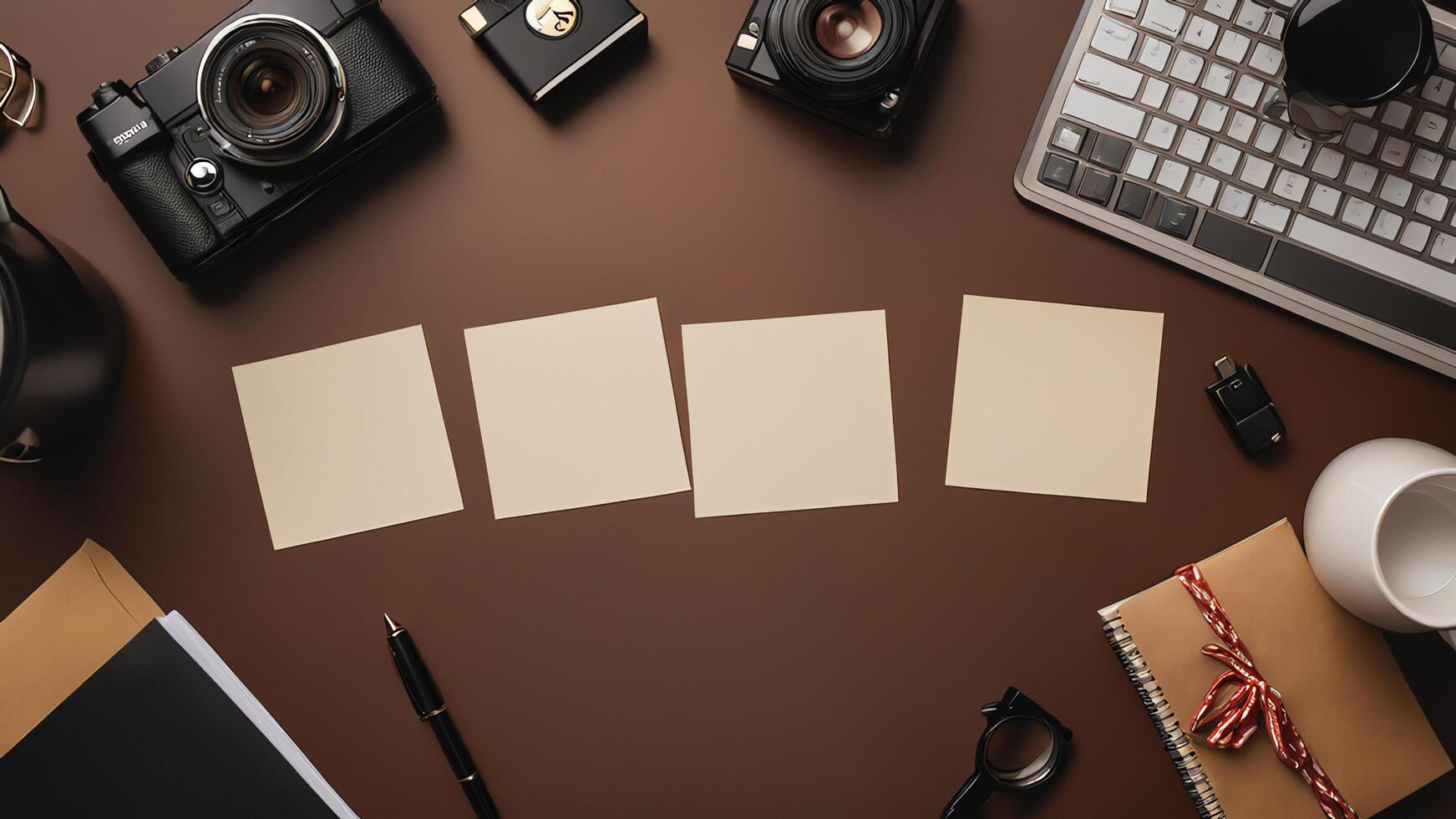 items on brown table, background design of random objects on table photo