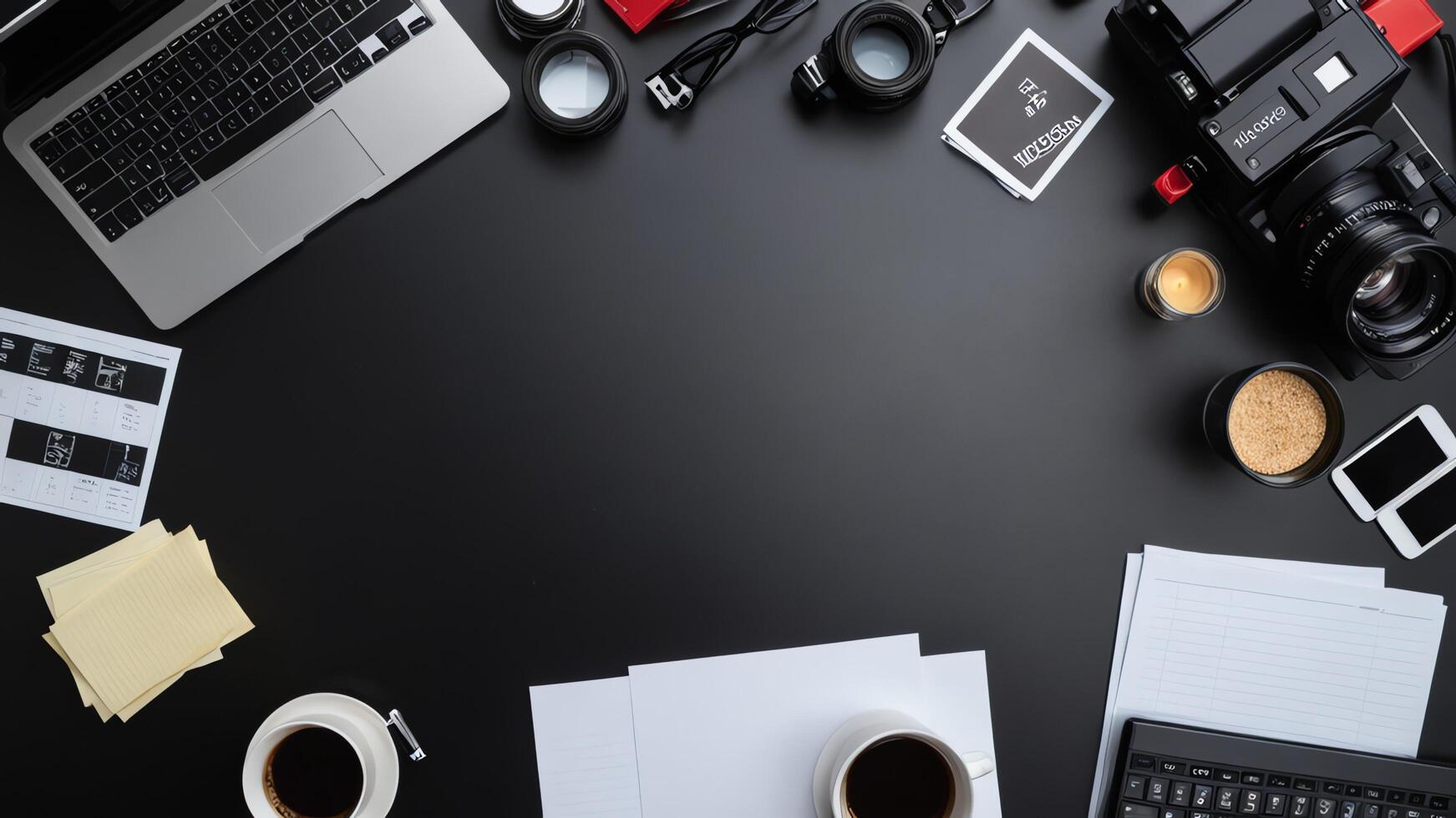 items on black table, background design of random objects on table photo