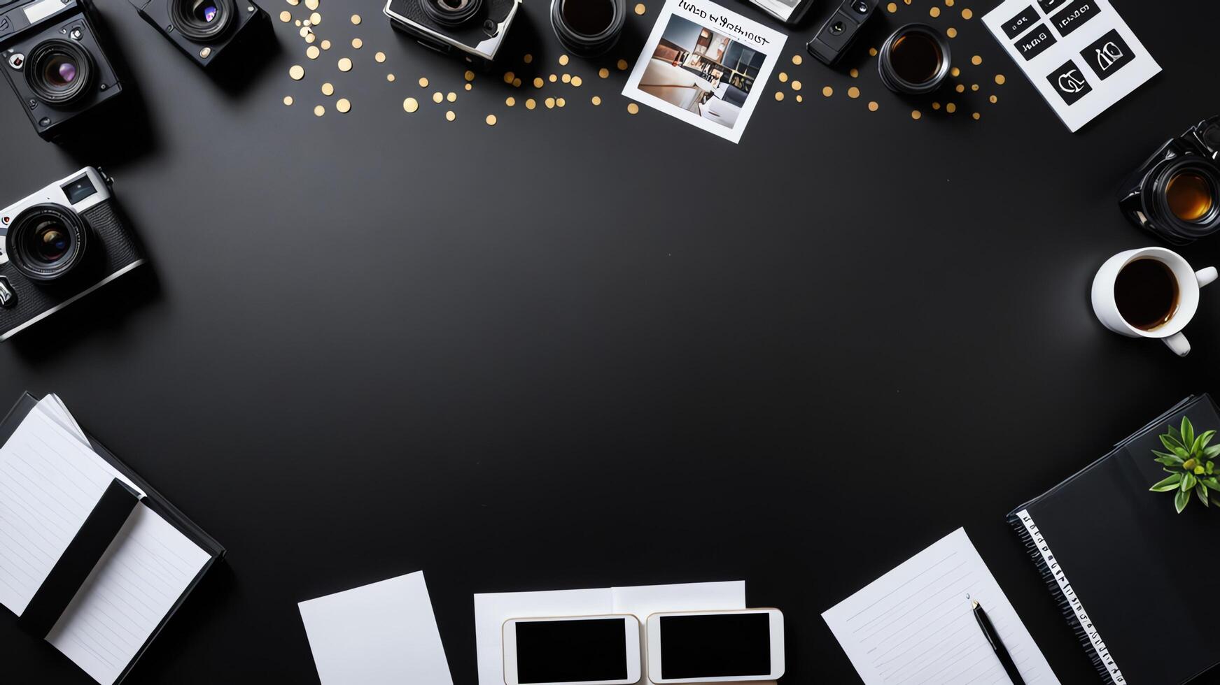 items on black table, background design of random objects on table photo