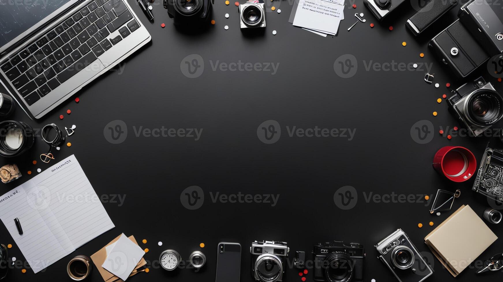 items on black table, background design of random objects on table photo