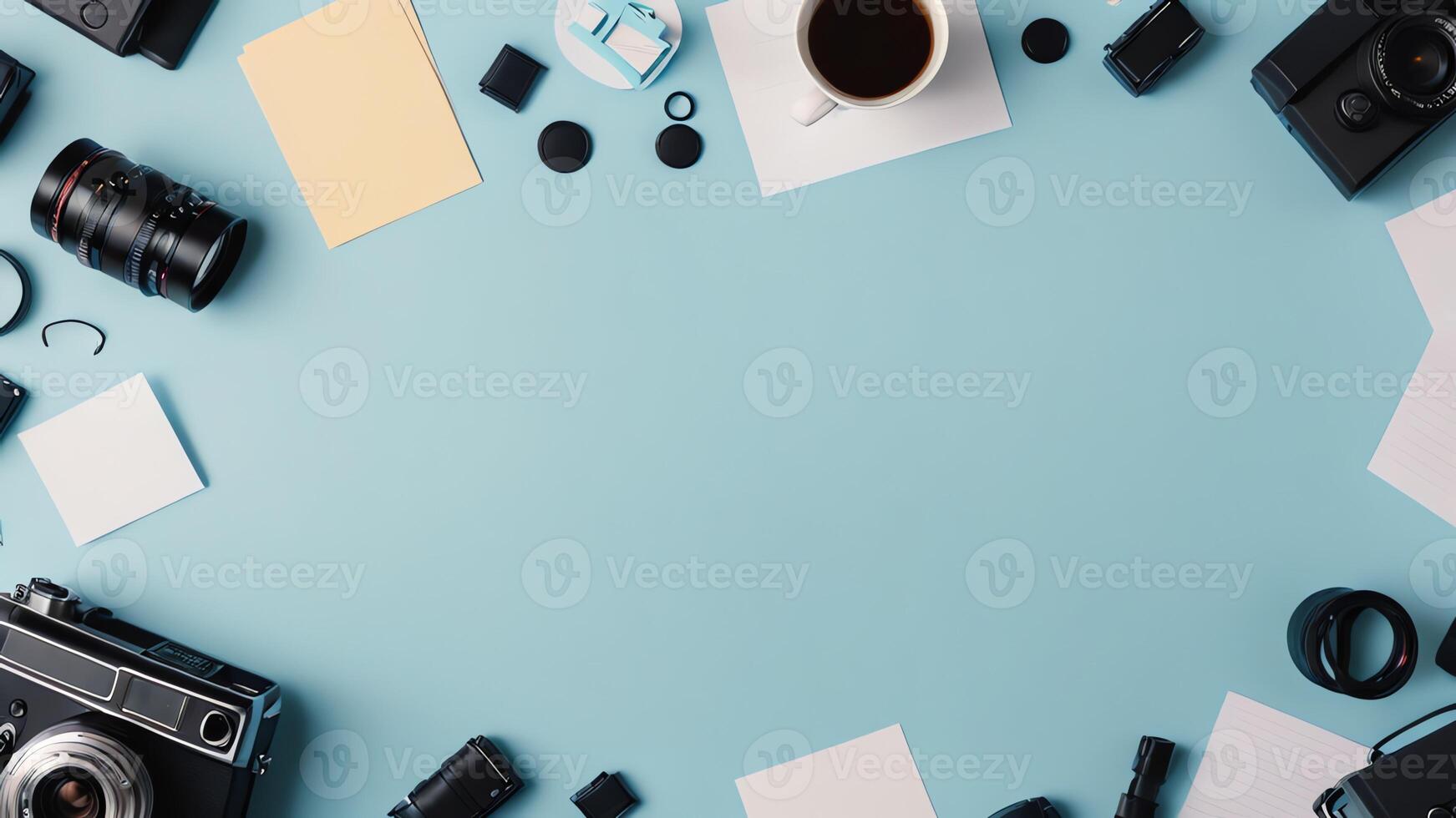 items on blue table, background design of random objects on table photo