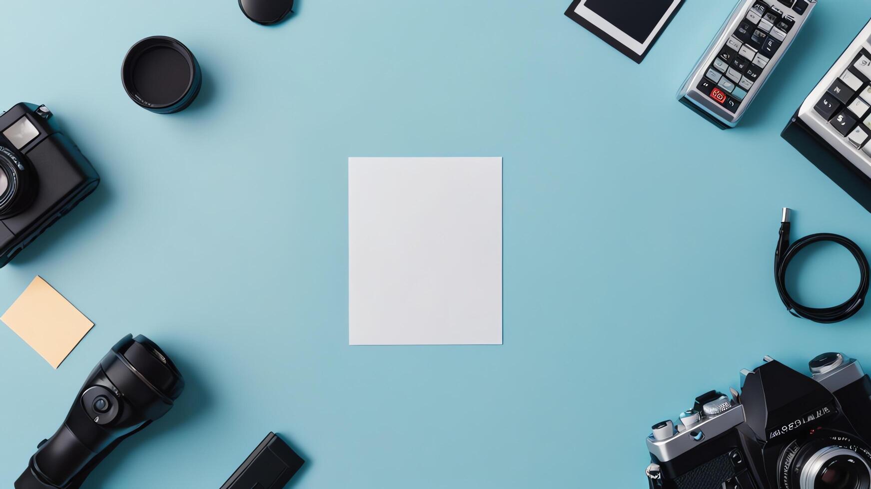 items on blue table, background design of random objects on table photo