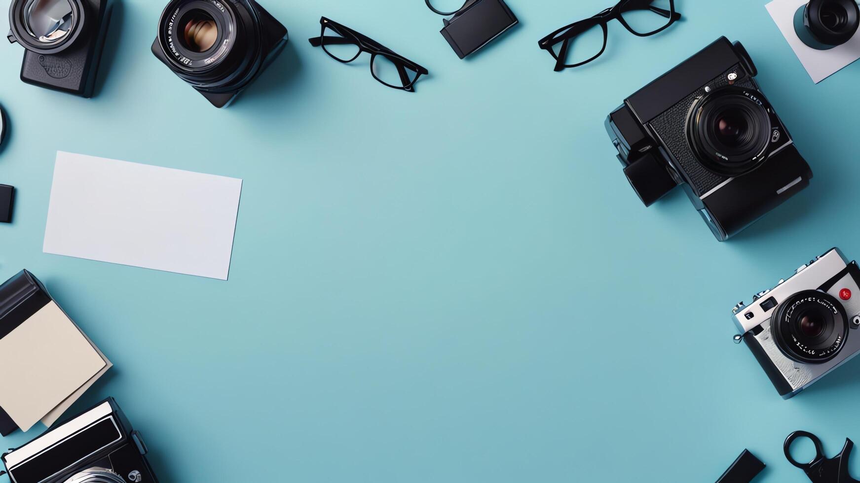 items on blue table, background design of random objects on table photo