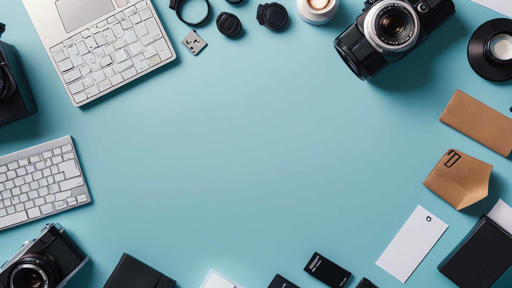 items on blue table, background design of random objects on table photo