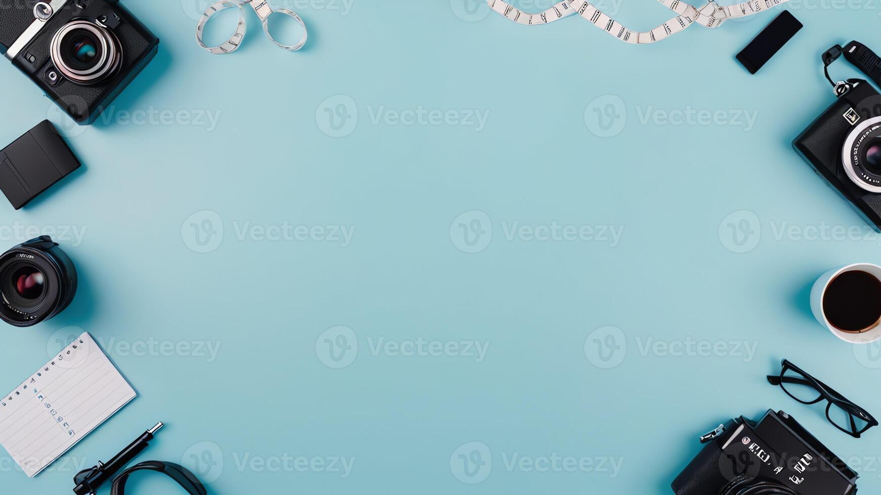 items on blue table, background design of random objects on table photo