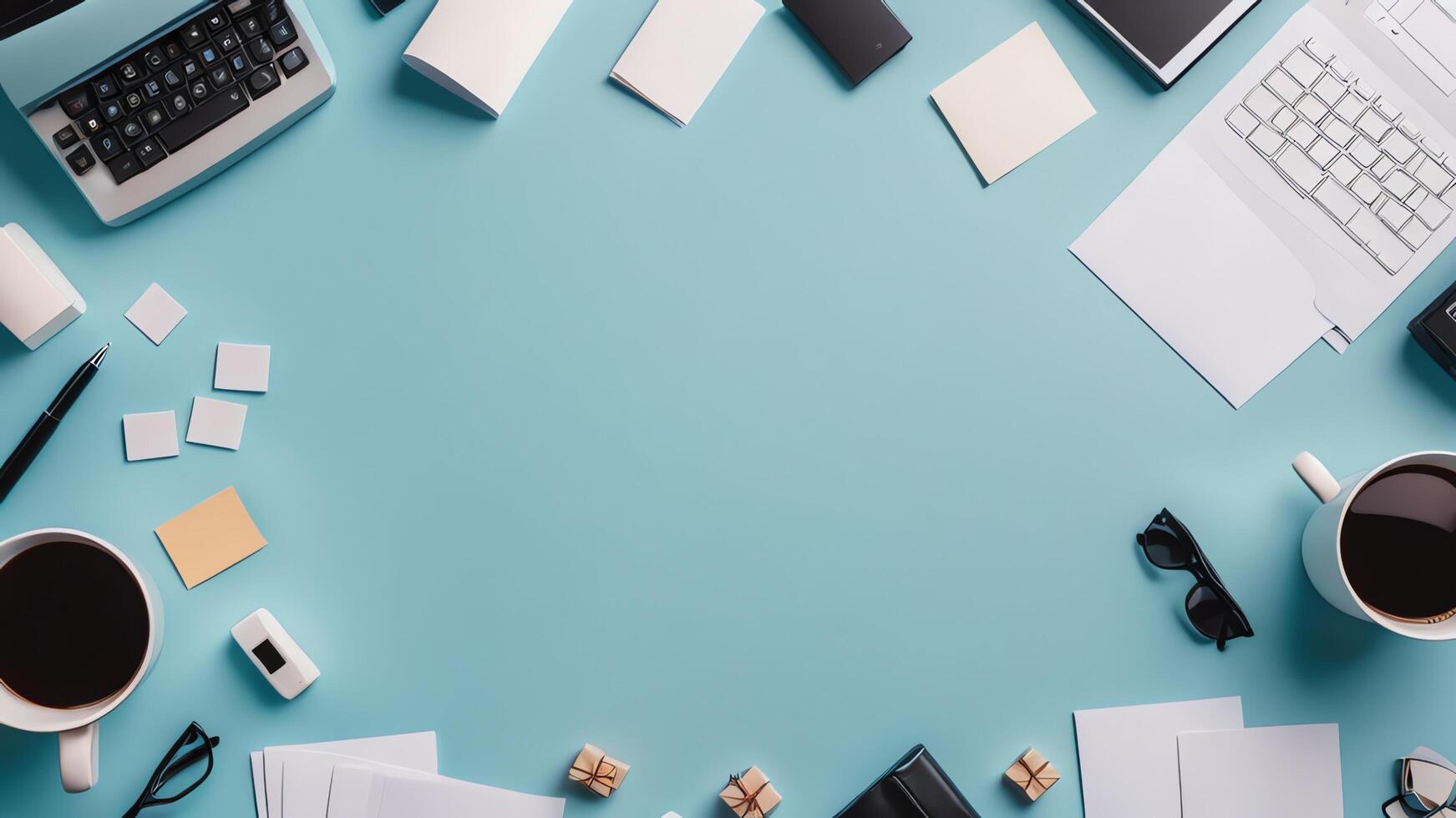 items on blue table, background design of random objects on table photo