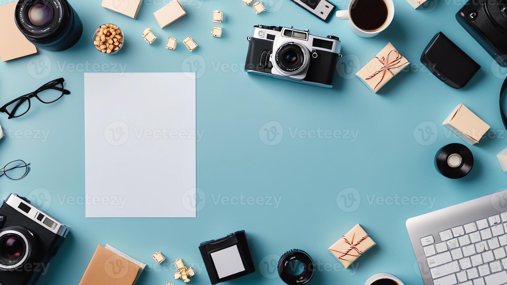items on blue table, background design of random objects on table photo