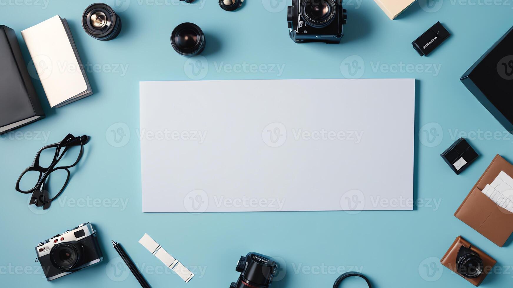 items on blue table, background design of random objects on table photo