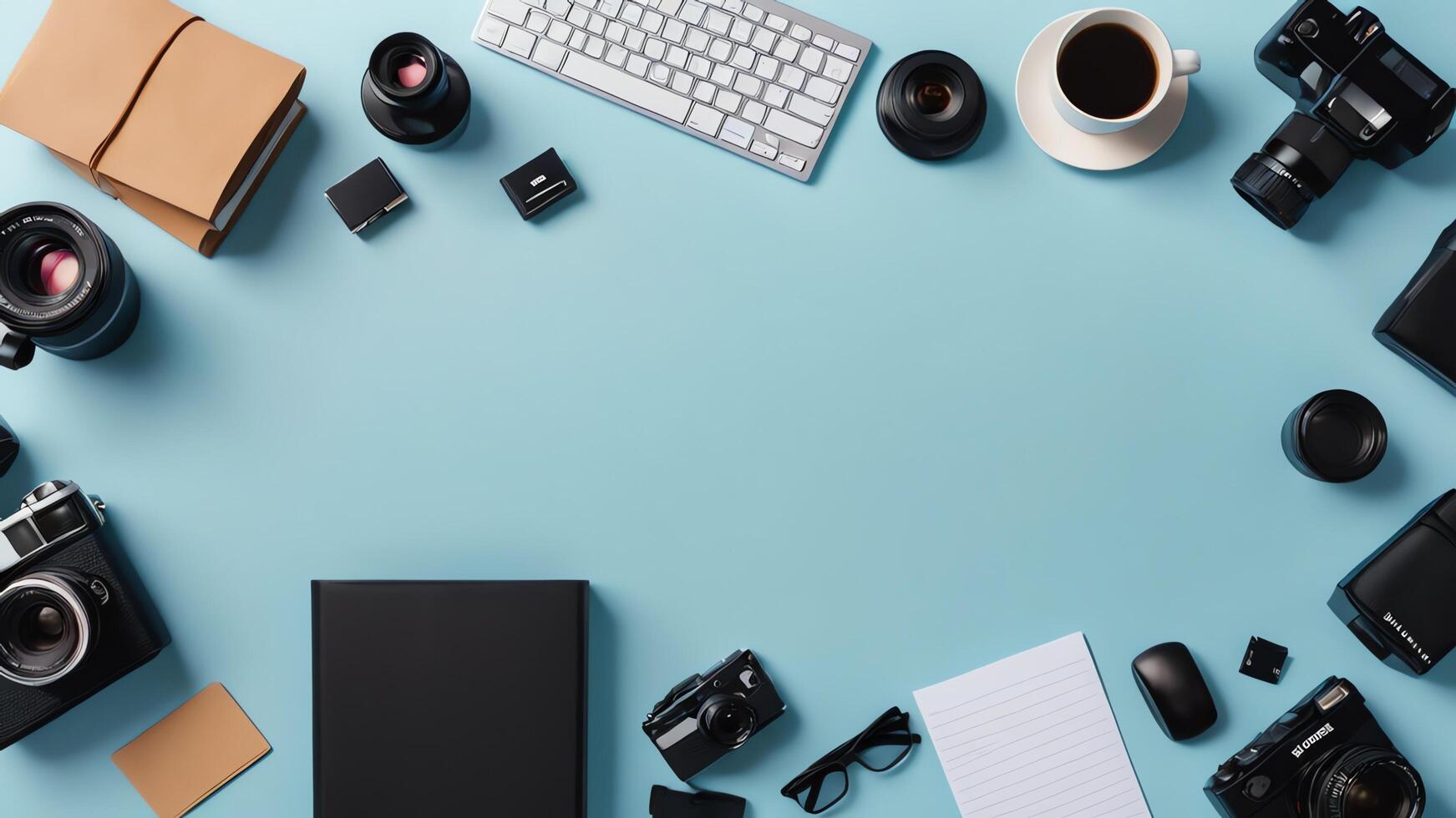 items on blue table, background design of random objects on table photo