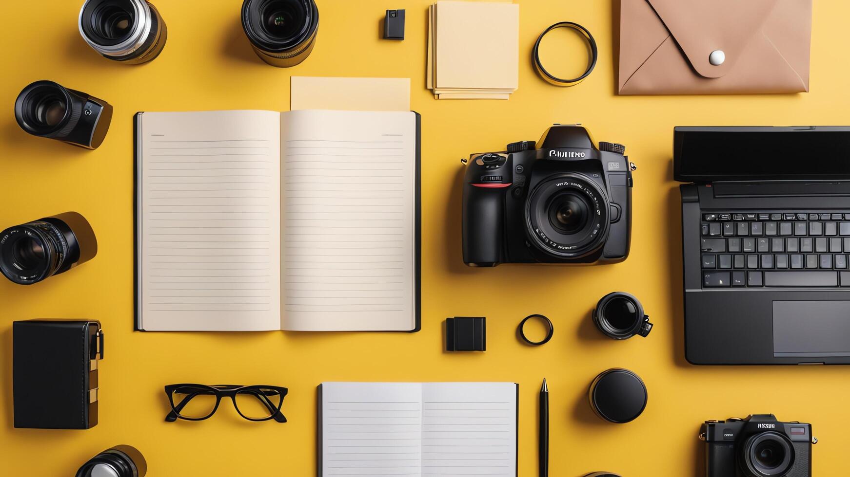 items on yellow table, background design of random objects on table photo