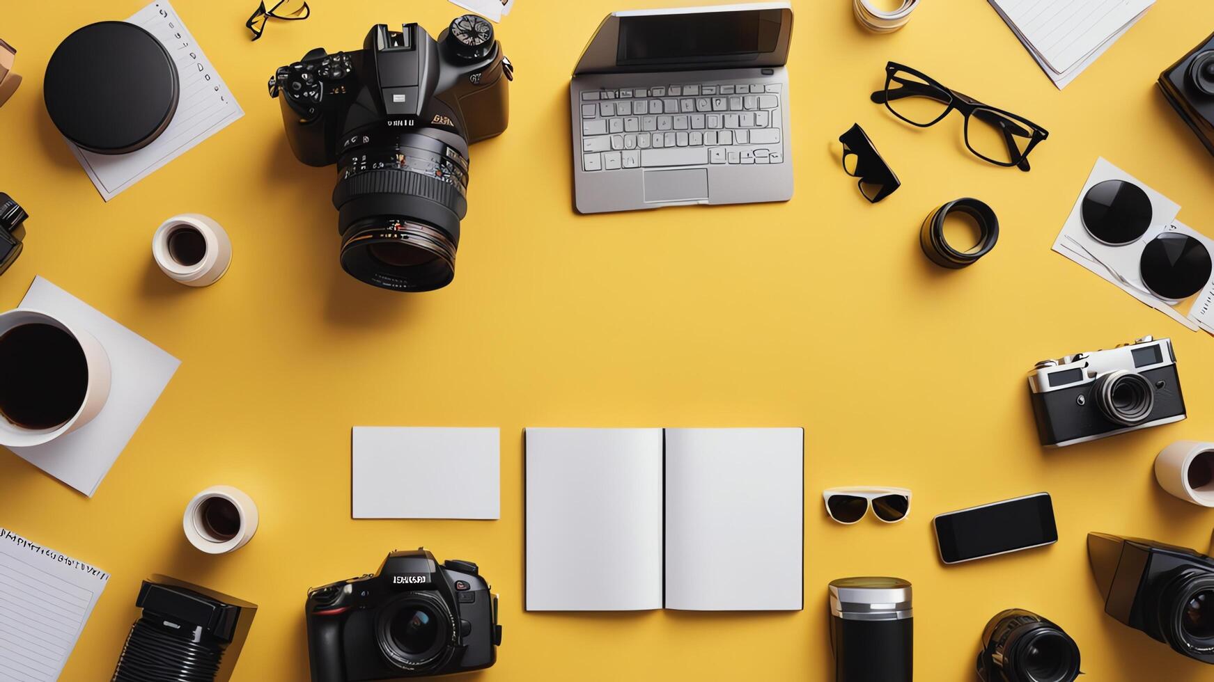 items on yellow table, background design of random objects on table photo