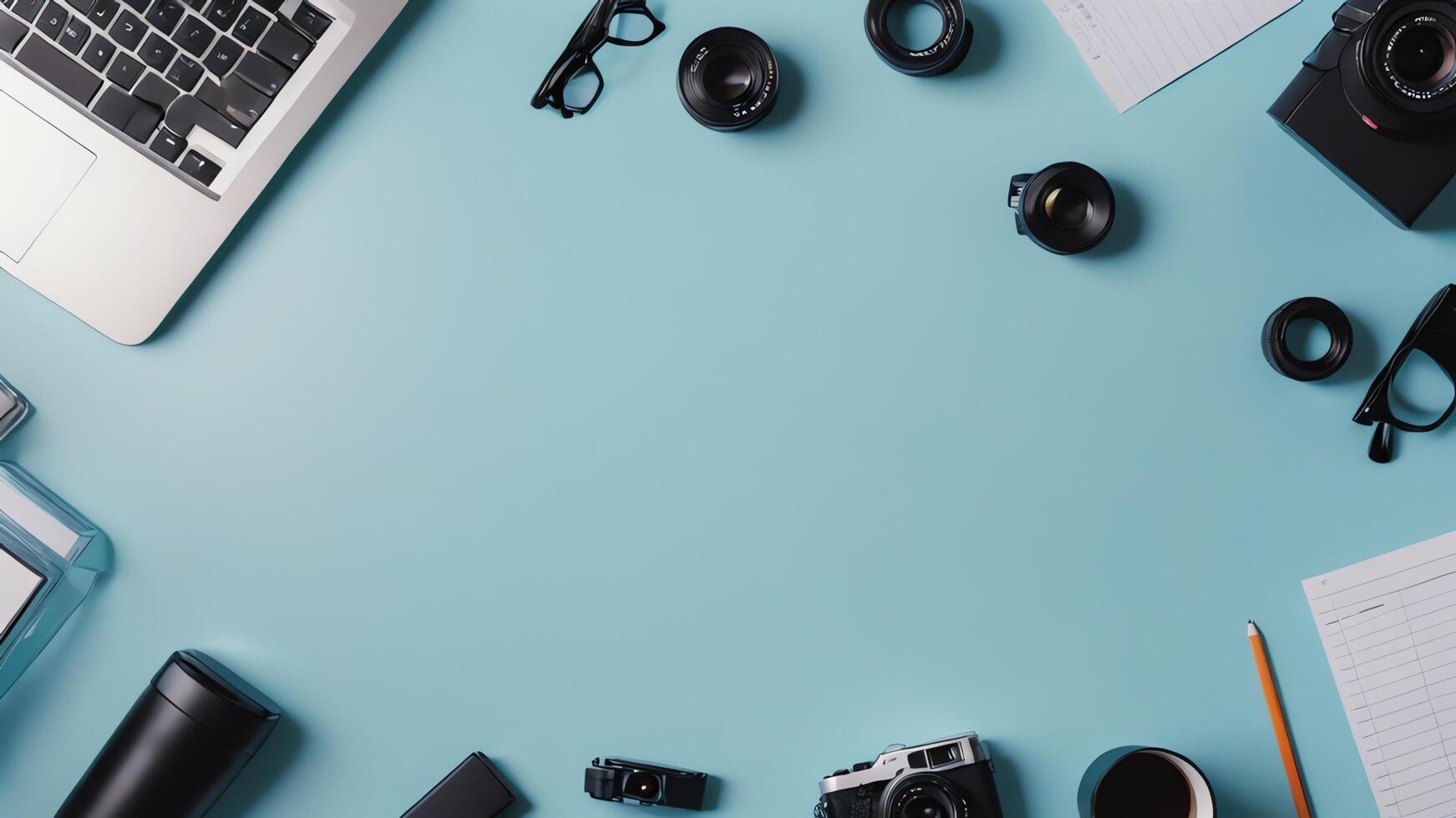 items on blue table, background design of random objects on table photo