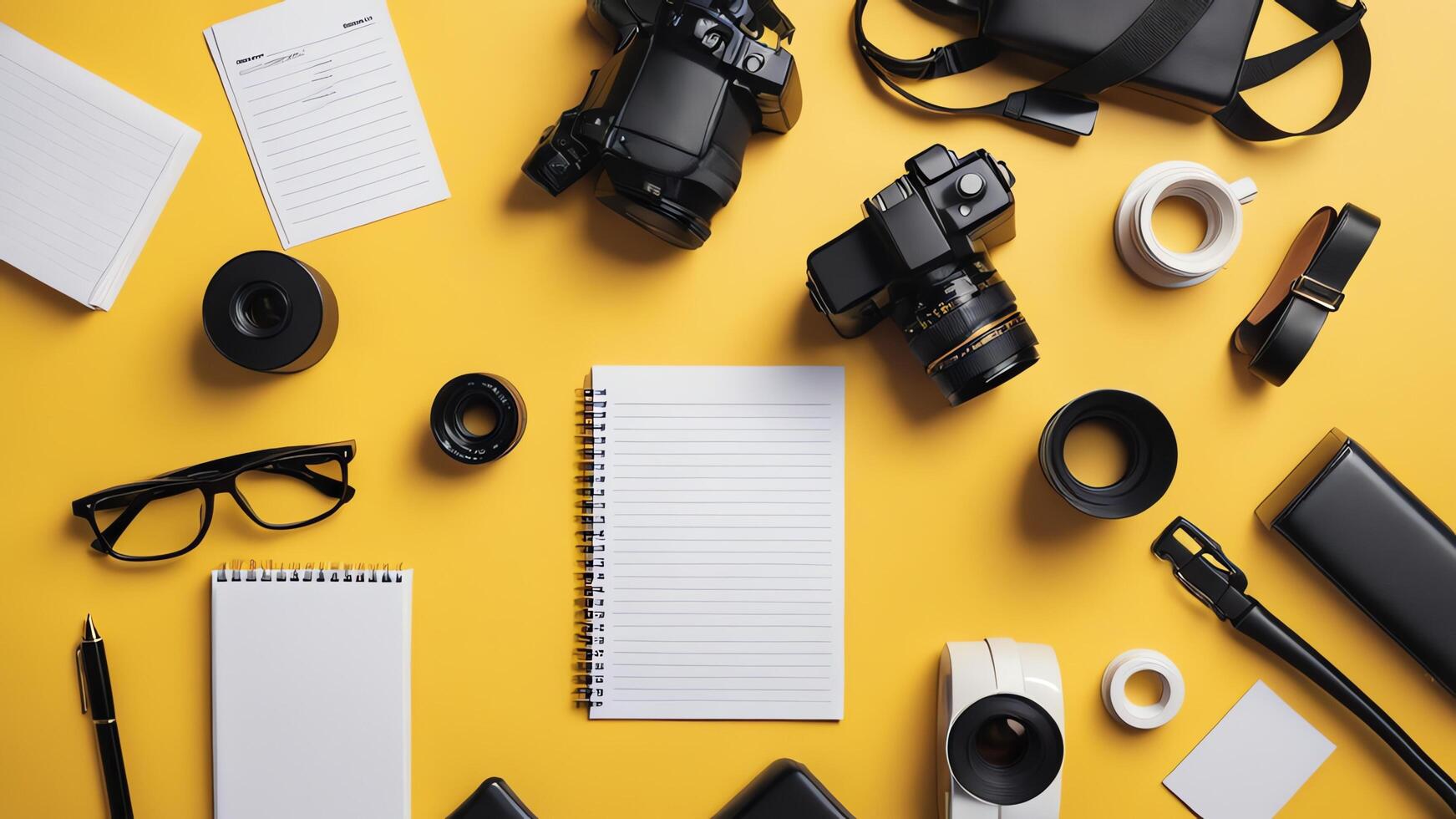 items on yellow table, background design of random objects on table photo